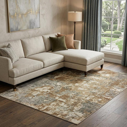 6' X 9' Gray And Brown Abstract Hand Loomed Distressed Area Rug