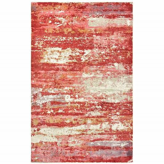 10' X 14' Pink And Red Abstract Hand Loomed Stain Resistant Area Rug