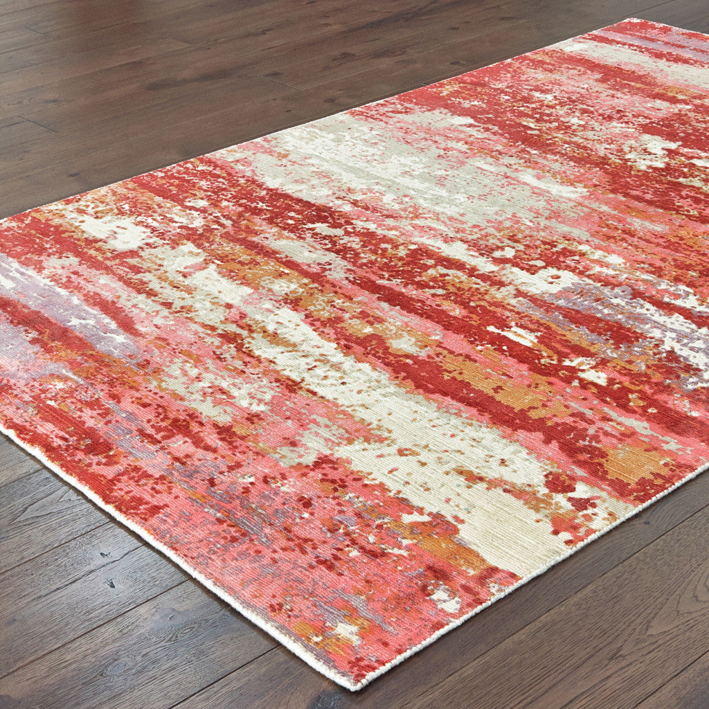 6' X 9' Pink And Red Abstract Hand Loomed Stain Resistant Area Rug