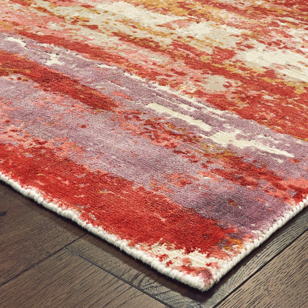 8' X 10' Pink And Red Abstract Hand Loomed Stain Resistant Area Rug