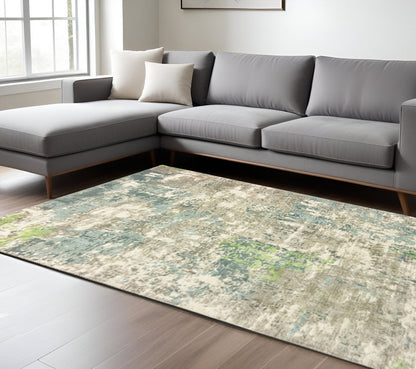 9' X 12' Blue And Green Abstract Hand Loomed Stain Resistant Area Rug