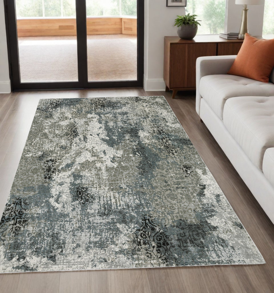 5' X 8' Ivory Grey Charcoal Blue And Navy Abstract Power Loom Stain Resistant Area Rug