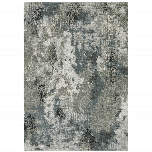 8' X 11' Ivory Grey Charcoal Blue And Navy Abstract Power Loom Stain Resistant Area Rug