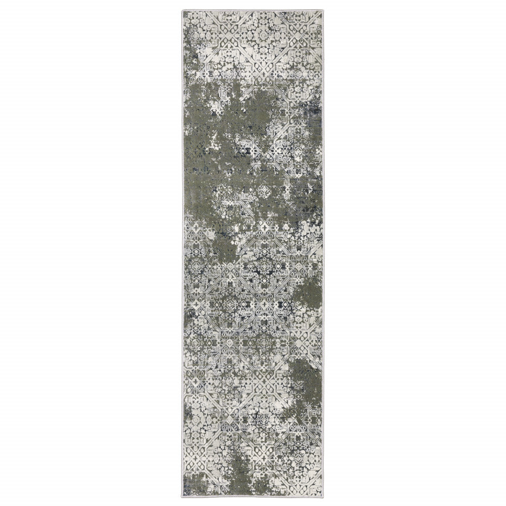 2' X 8' Ivory Grey Blue And Taupe Abstract Power Loom Stain Resistant Runner Rug