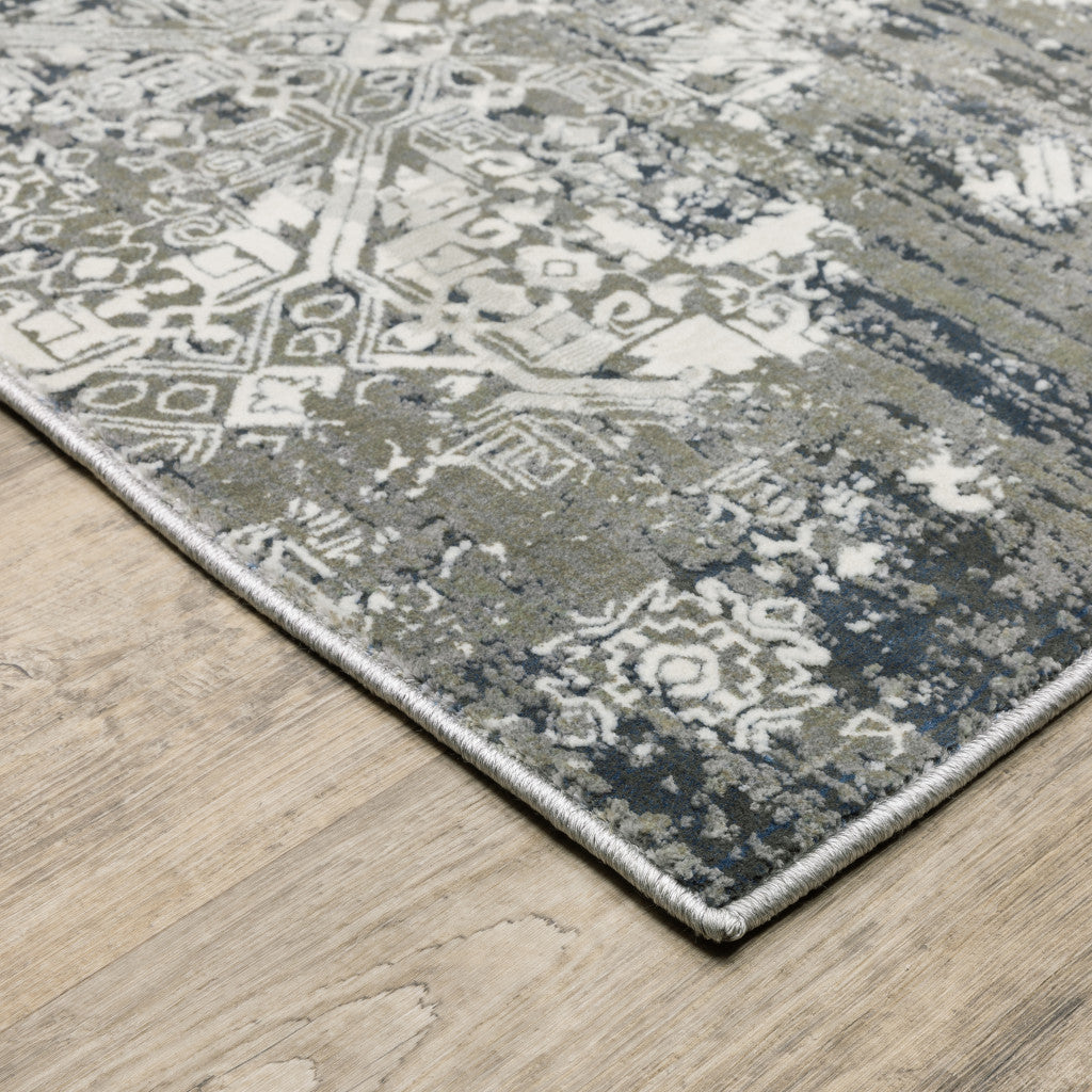 2' X 8' Ivory Grey Blue And Taupe Abstract Power Loom Stain Resistant Runner Rug