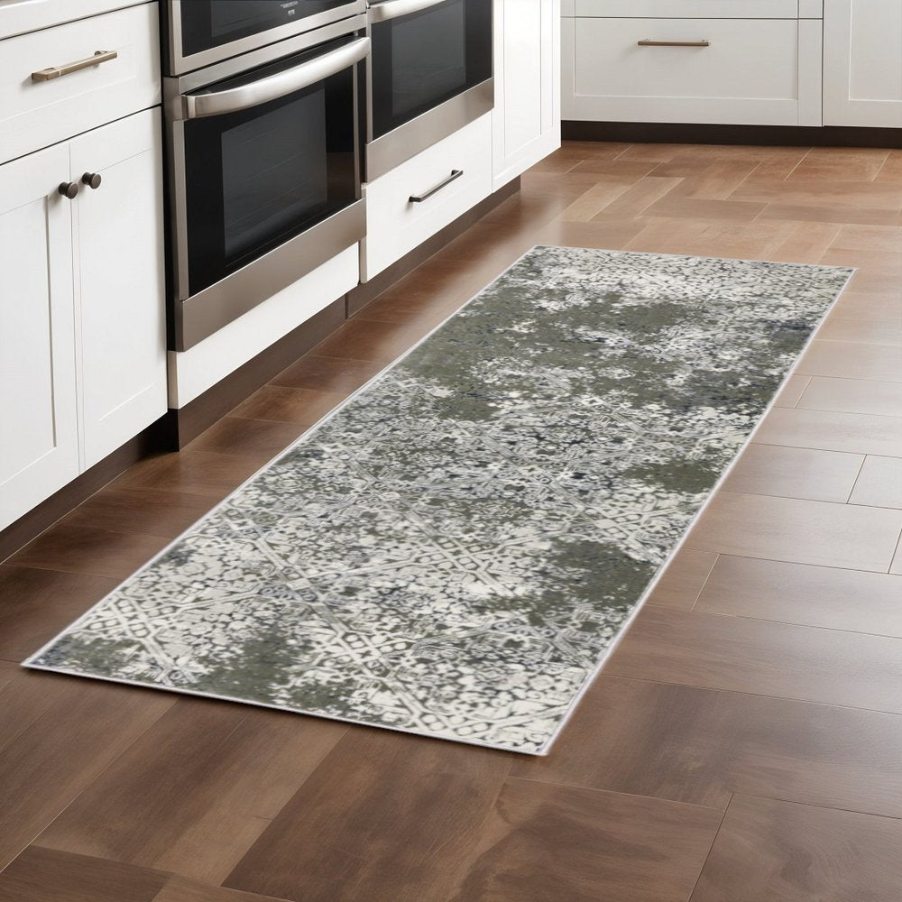 2' X 8' Ivory Grey Blue And Taupe Abstract Power Loom Stain Resistant Runner Rug