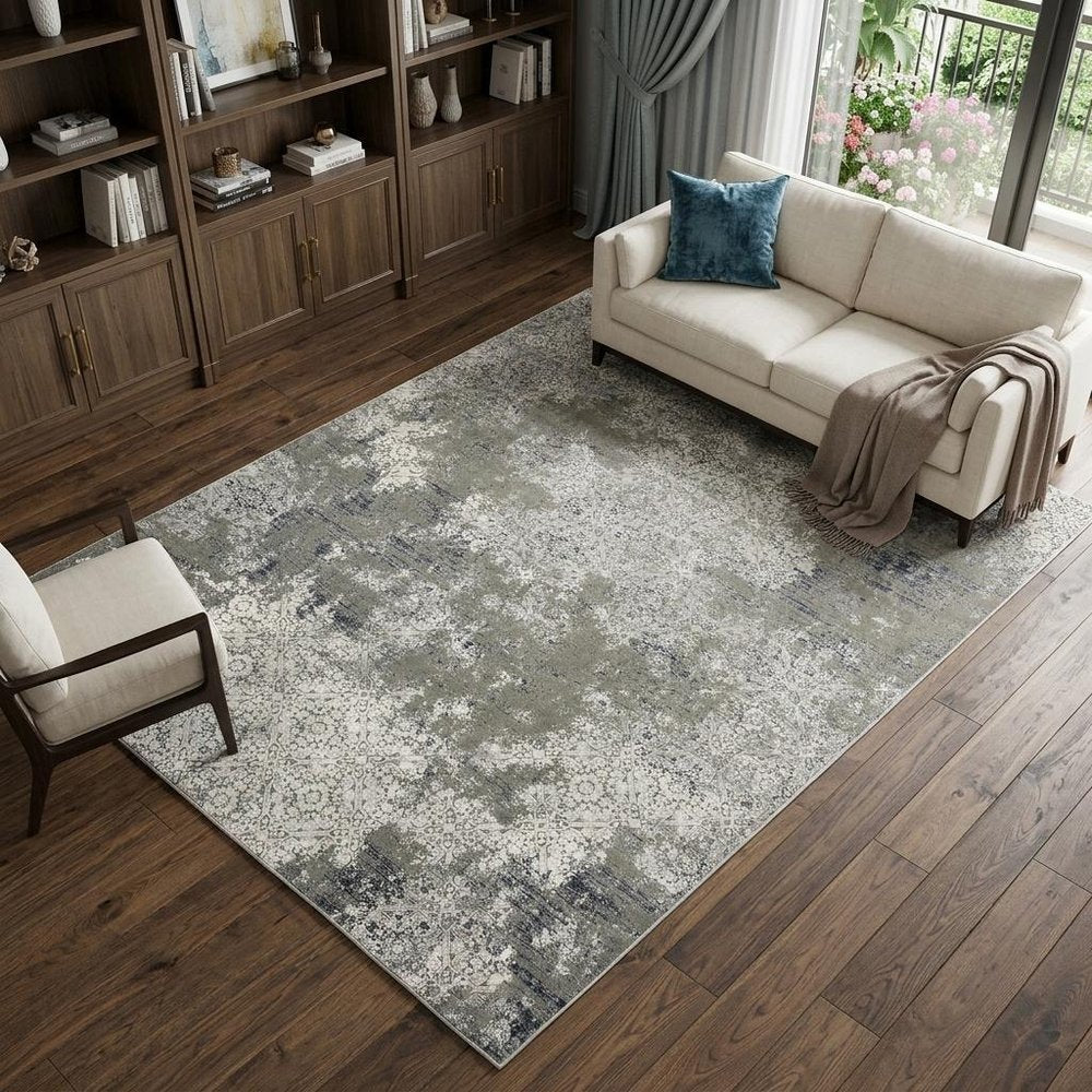 7' X 10' Beige And Gray Abstract Distressed Area Rug