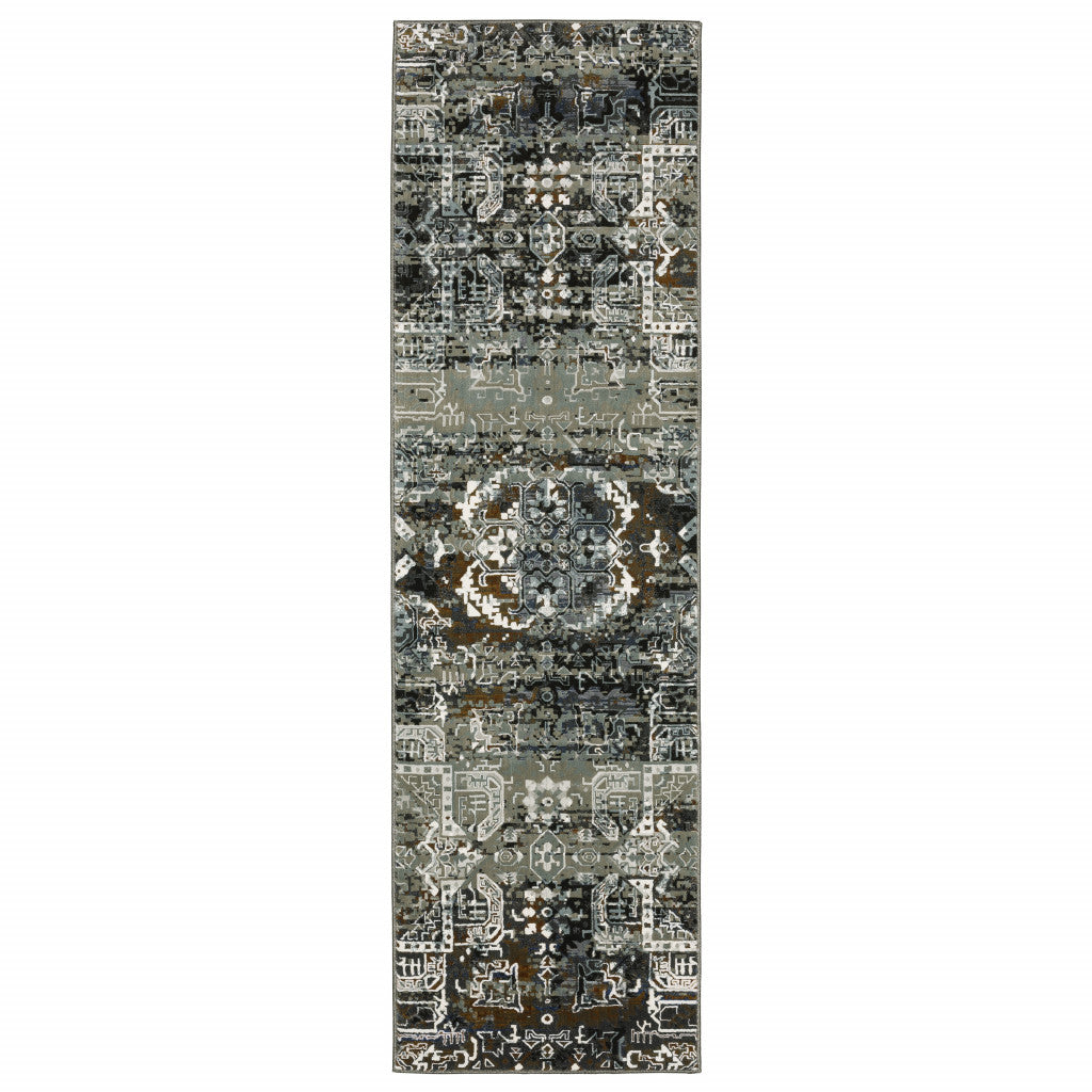 2' X 8' Ivory Charcoal Grey Blue Rust Gold And Brown Oriental Power Loom Stain Resistant Runner Rug