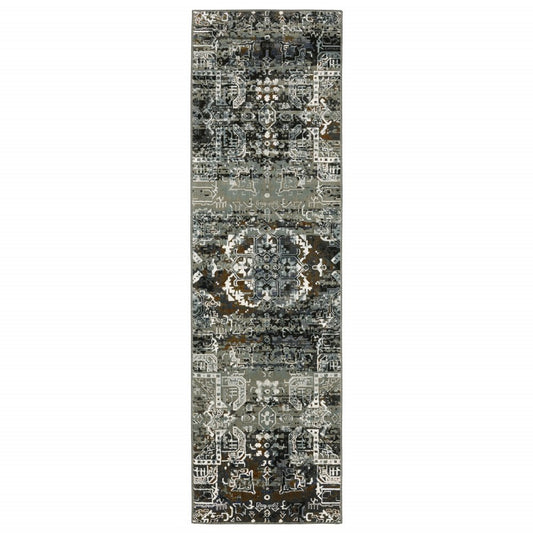 2' x 8' ivory, charcoal grey, blue, rust, gold and brown oriental power loom stain-resistant runner rug