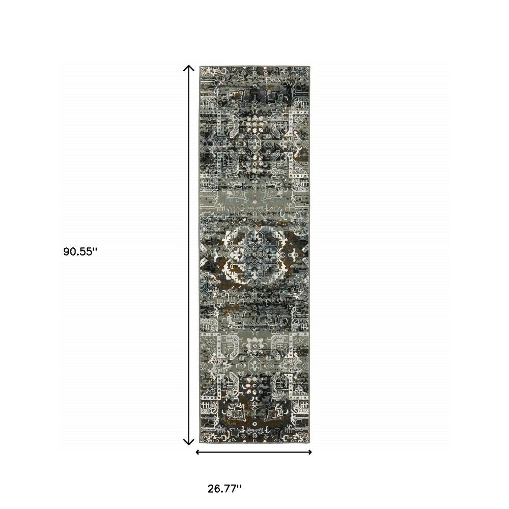2' X 8' ivory, charcoal, grey, blue, rust, gold and brown oriental power loom stain-resistant runner rug