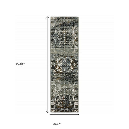 2' X 8' ivory, charcoal, grey, blue, rust, gold and brown oriental power loom stain-resistant runner rug
