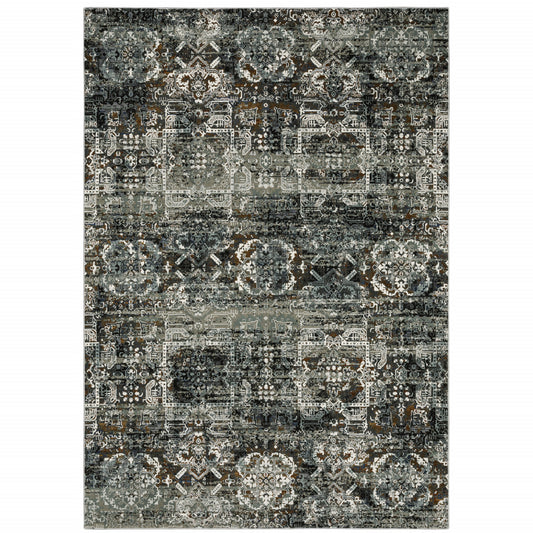 5' X 8' Ivory Charcoal Grey Blue Rust Gold And Brown Oriental Power Loom Stain Resistant Area Rug