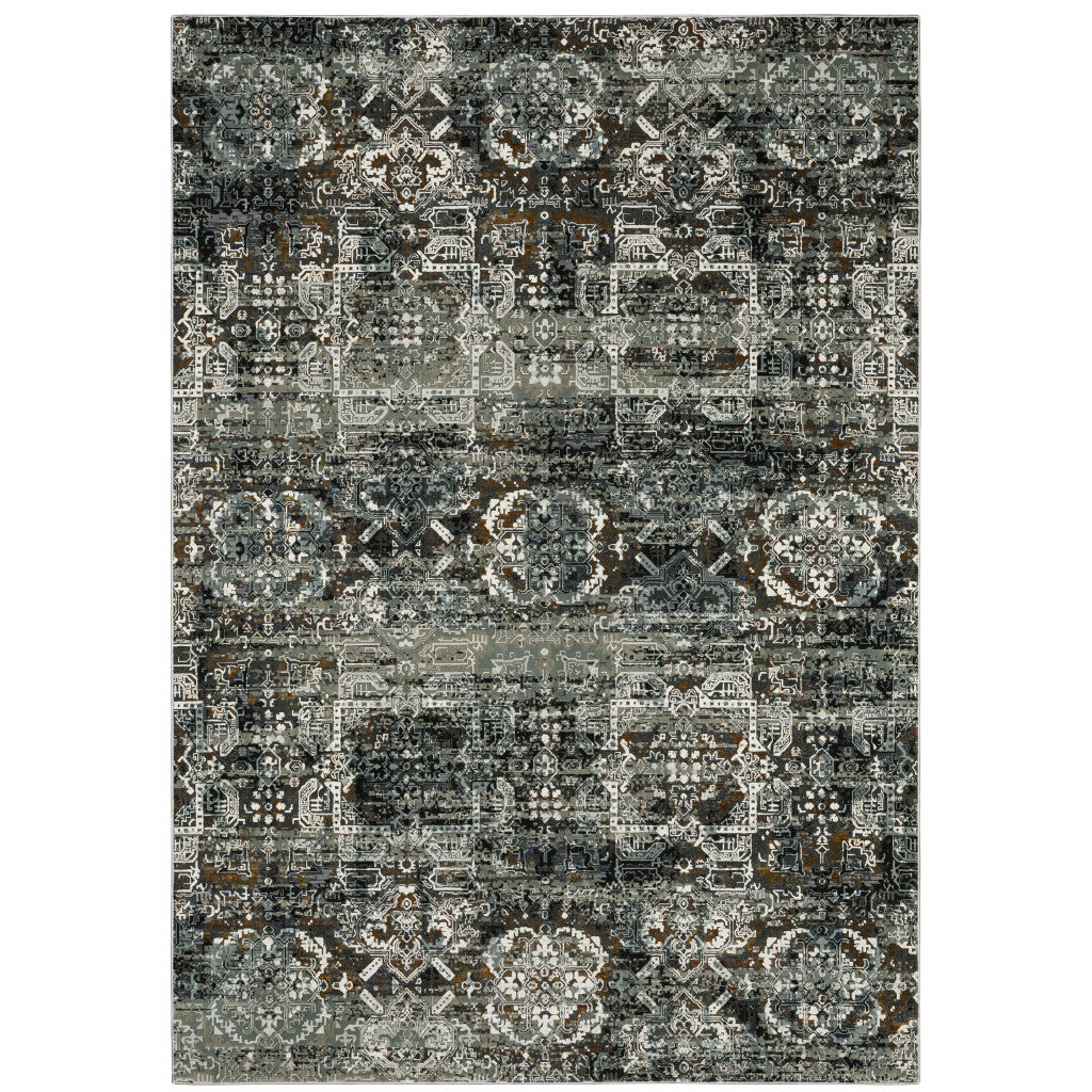 6' X 9' Ivory Charcoal Grey Blue Rust Gold And Brown Oriental Power Loom Stain Resistant Area Rug
