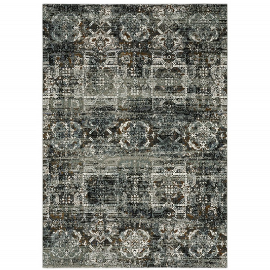 7' x 10' Charcoal Gray and White Oriental Distressed Area Rug