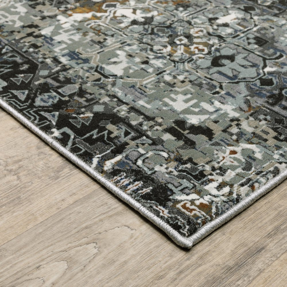 7' X 10' Charcoal Gray And White Oriental Distressed Area Rug