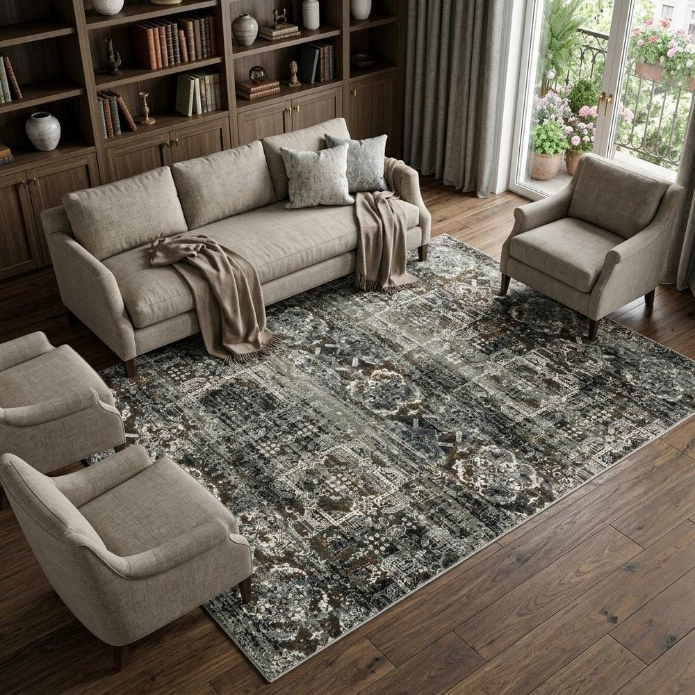 7' X 10' Charcoal Gray And White Oriental Distressed Area Rug
