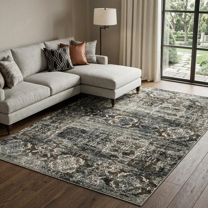 7' X 10' Charcoal Gray And White Oriental Distressed Area Rug