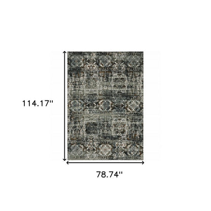 7' X 10' Charcoal Gray And White Oriental Distressed Area Rug