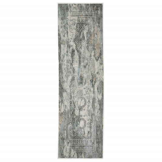 2' X 8' Ivory Grey Charcoal Blue And Rust Oriental Power Loom Stain Resistant Runner Rug