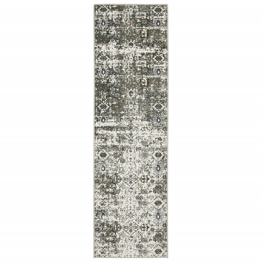 2' X 8' Ivory Grey Charcoal Rust Gold And Brown Oriental Power Loom Stain Resistant Runner Rug