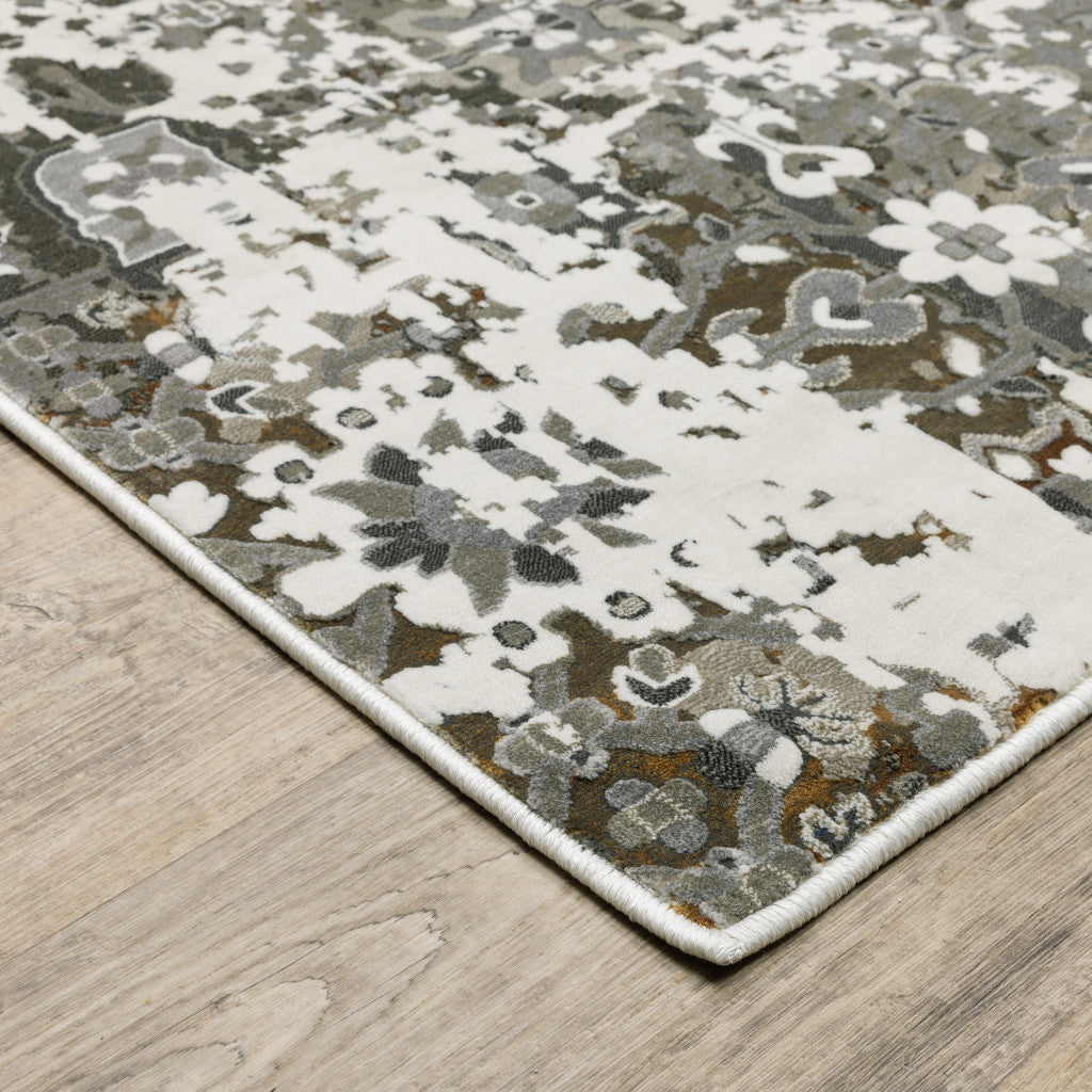 2' X 8' Ivory Grey Charcoal Rust Gold And Brown Oriental Power Loom Stain Resistant Runner Rug