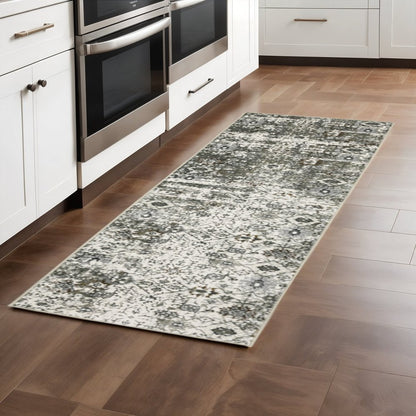 2' X 8' Ivory Grey Charcoal Rust Gold And Brown Oriental Power Loom Stain Resistant Runner Rug