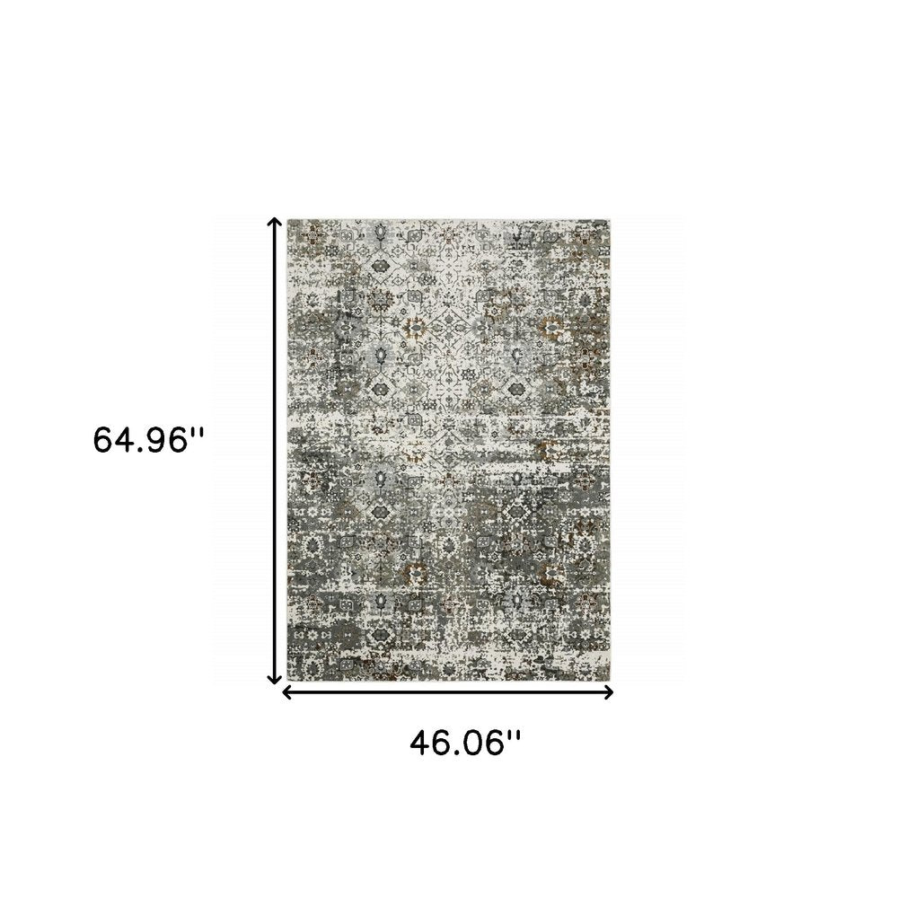4' x 6' ivory and gray distressed oriental area rug.