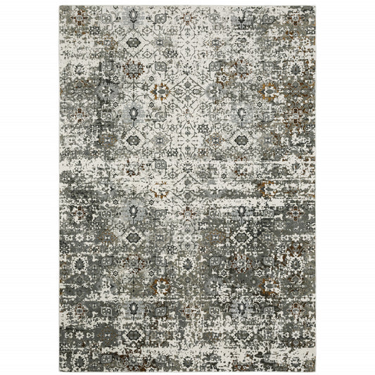 5' X 8' Ivory Grey Charcoal Rust Gold And Brown Oriental Power Loom Stain Resistant Area Rug