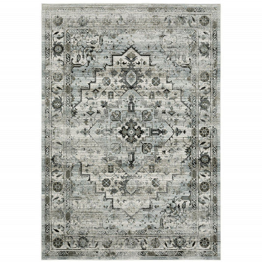 4' X 6' Ivory Grey Charcoal Blue And Taupe Oriental Power Loom Stain Resistant Area Rug