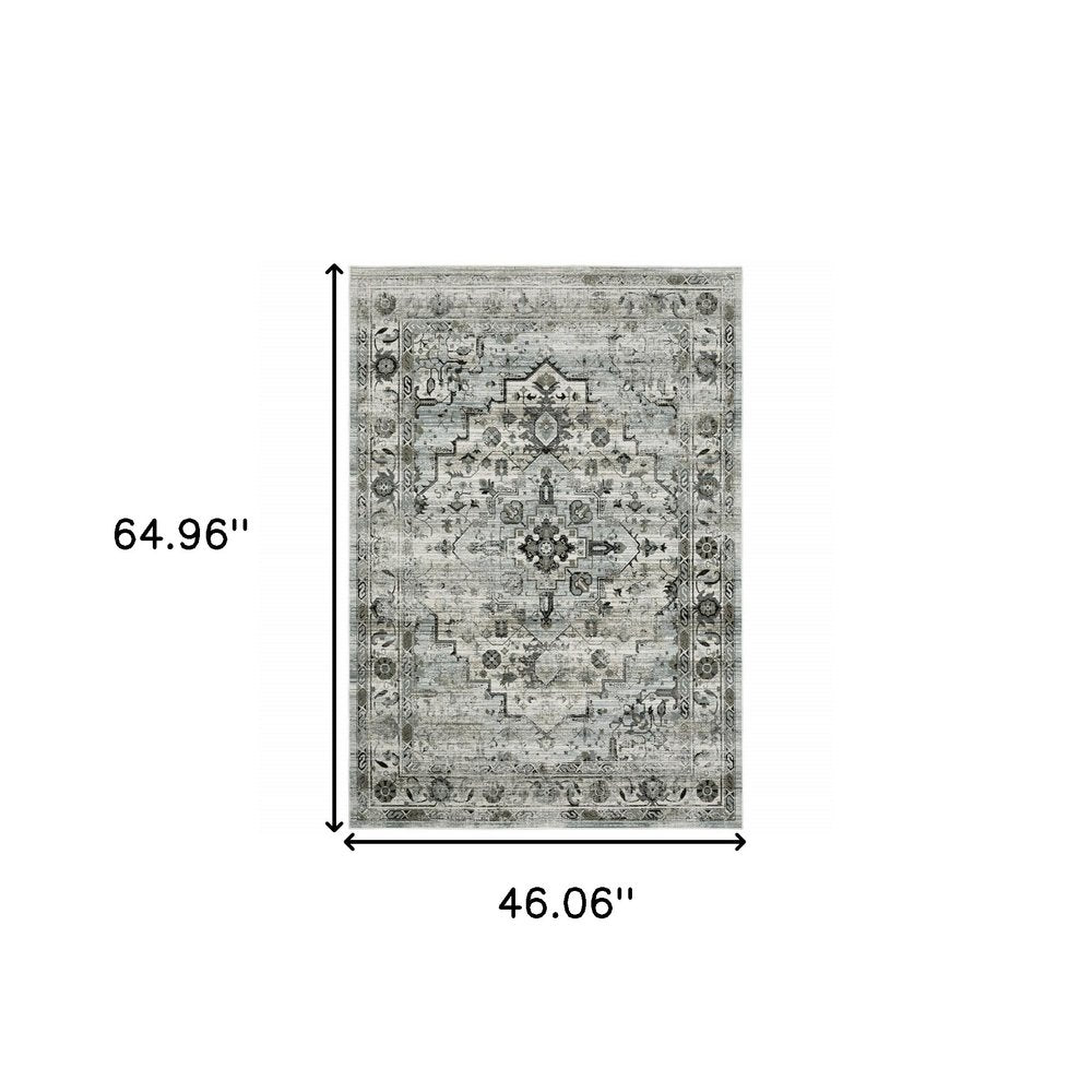 4' X 6' Gray And Blue Oriental Distressed Area Rug