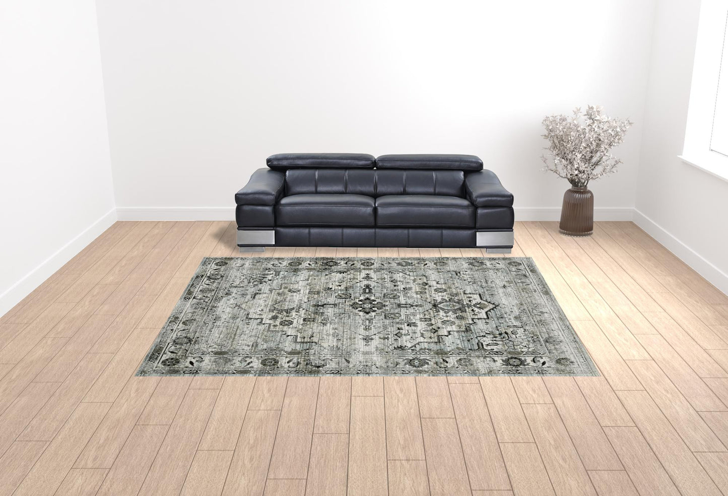 10' X 13' Ivory Grey Charcoal Blue And Taupe Oriental Power Loom Stain Resistant Area Rug