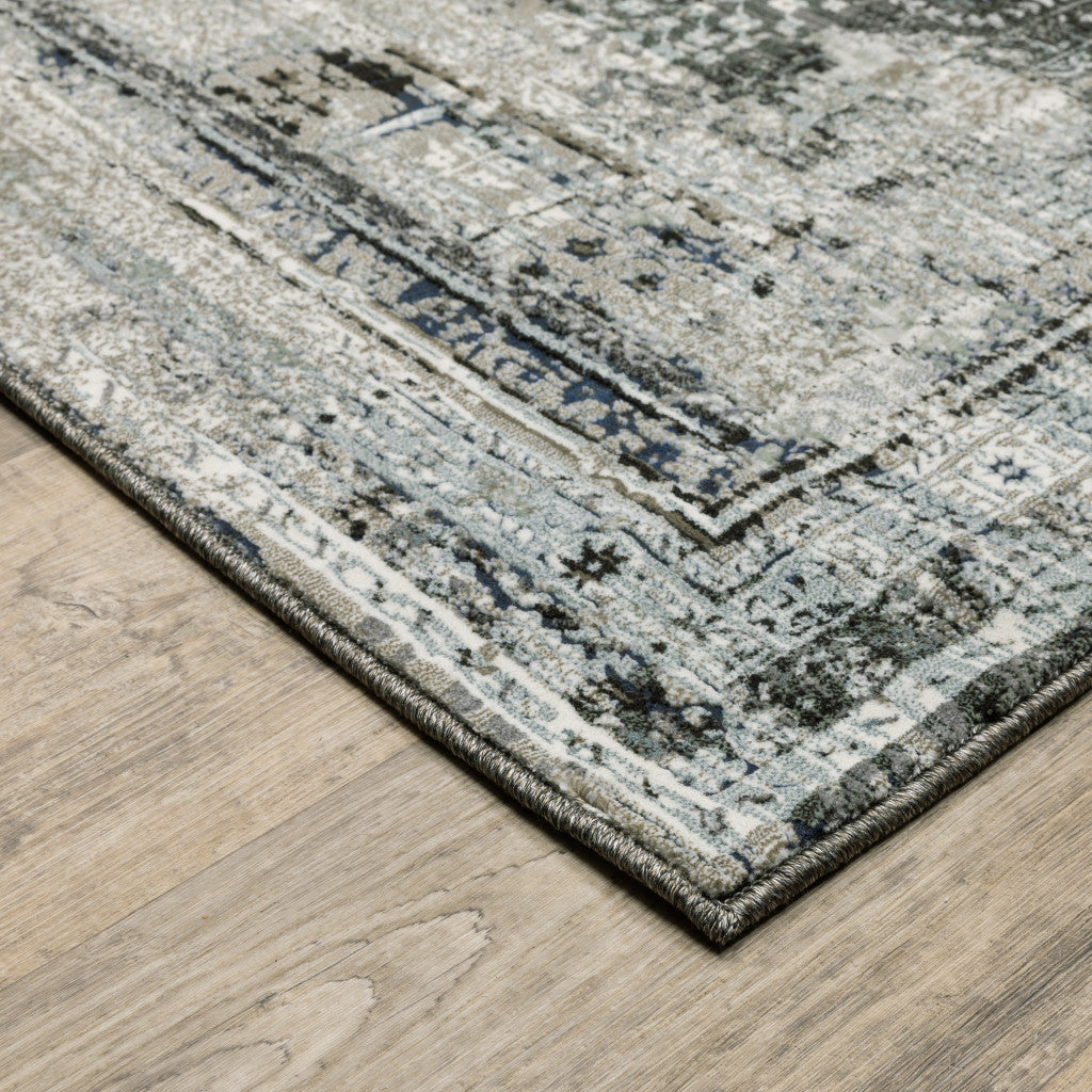 2' X 8' Charcoal Grey Blue Ivory And Taupe Oriental Power Loom Stain Resistant Runner Rug