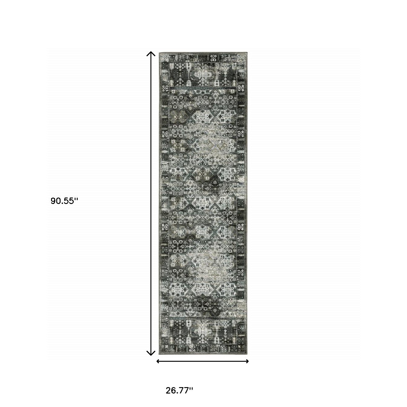 2' X 8' Charcoal Grey Blue Ivory And Taupe Oriental Power Loom Stain Resistant Runner Rug