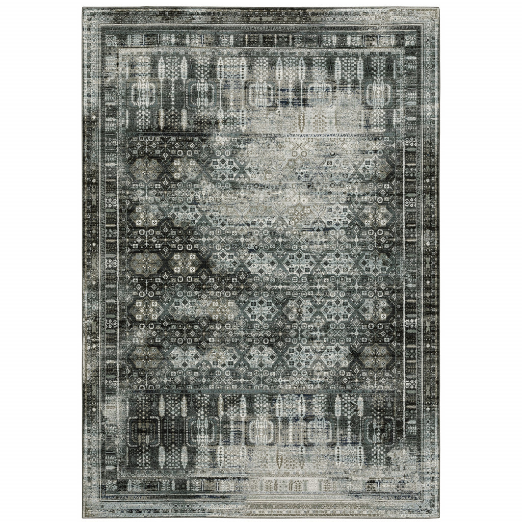 5' X 8' Charcoal Grey Blue Ivory And Taupe Oriental Power Loom Stain Resistant Area Rug