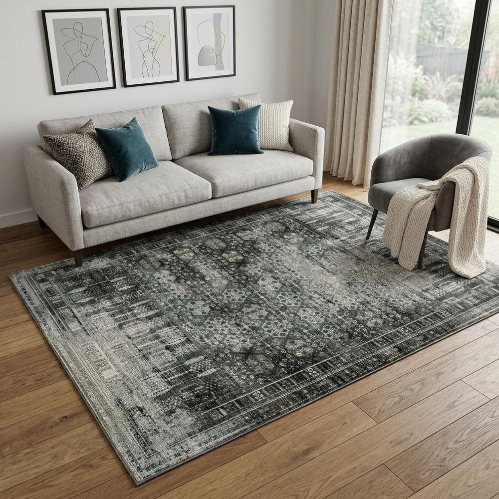 5' X 8' Charcoal And Gray Oriental Distressed Area Rug