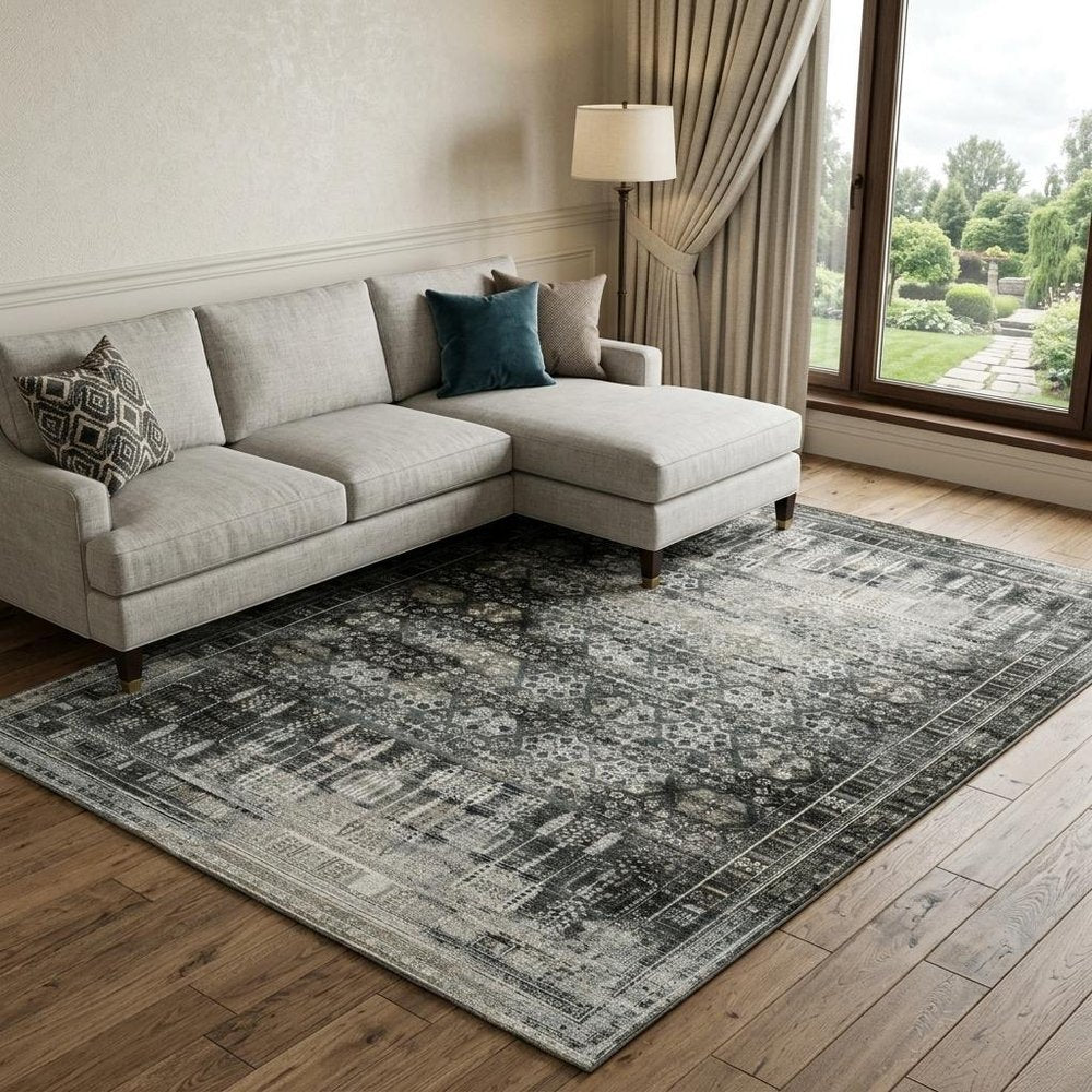 7' X 10' Charcoal And Gray Oriental Distressed Area Rug