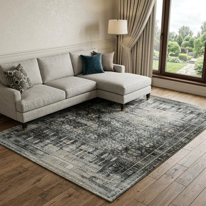 7' X 10' Charcoal And Gray Oriental Distressed Area Rug