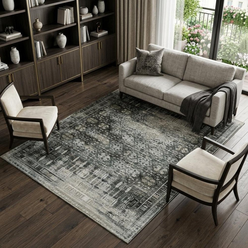 7' X 10' Charcoal And Gray Oriental Distressed Area Rug