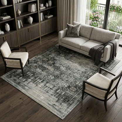 7' X 10' Charcoal And Gray Oriental Distressed Area Rug