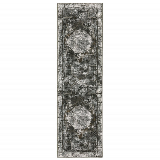 2' X 8' Charcoal Rust Grey Blue Ivory And Brown Oriental Power Loom Stain Resistant Runner Rug
