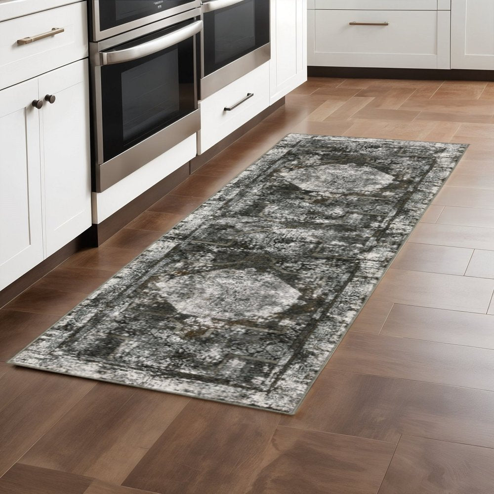 2' X 8' Charcoal Rust Grey Blue Ivory And Brown Oriental Power Loom Stain Resistant Runner Rug