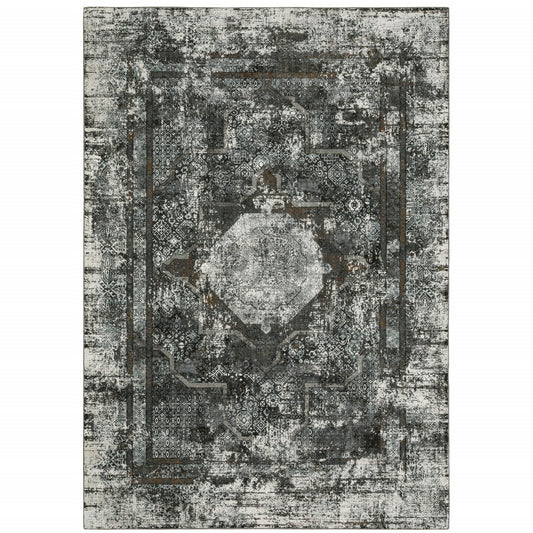 5' X 8' Charcoal Rust Grey Blue Ivory And Brown Oriental Power Loom Stain Resistant Area Rug