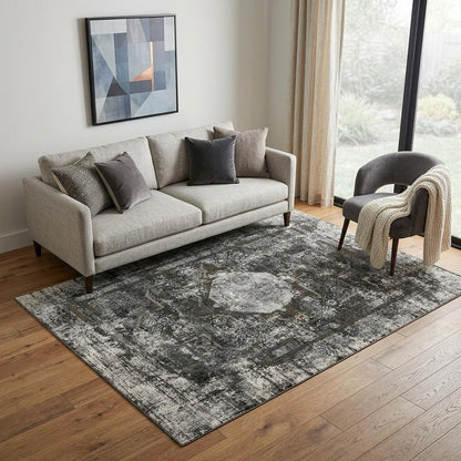 5' X 8' Charcoal And Gray Oriental Distressed Area Rug