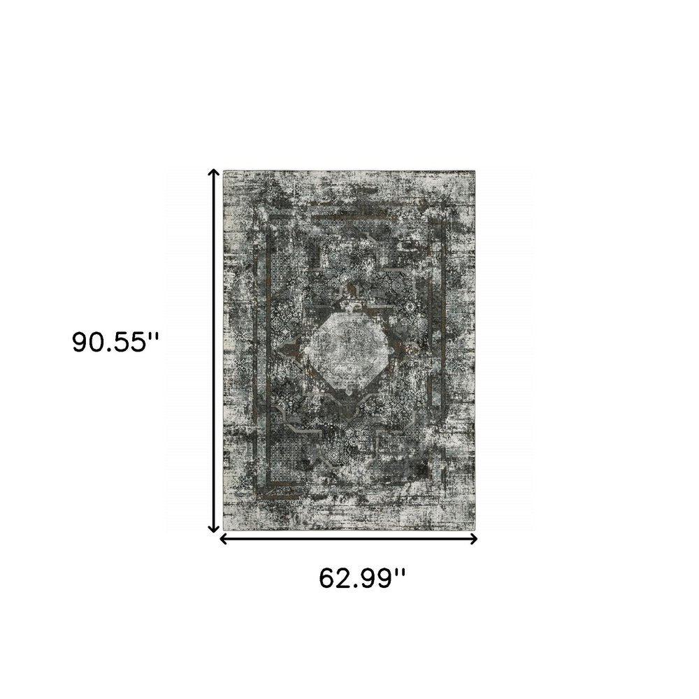 5' X 8' charcoal and gray oriental distressed area rug