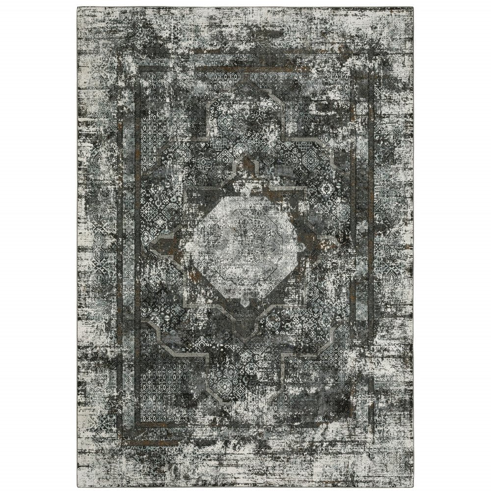 7' X 10' Charcoal And Gray Oriental Distressed Area Rug