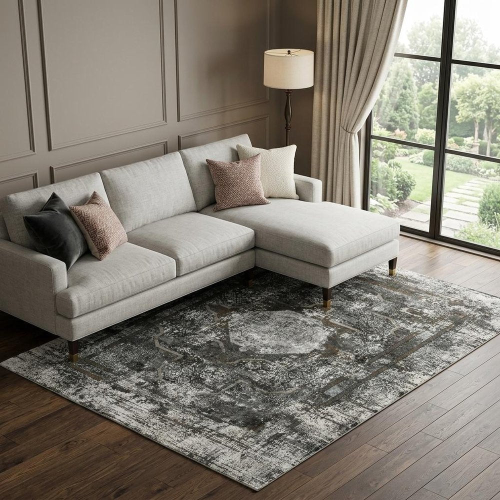 7' X 10' Charcoal And Gray Oriental Distressed Area Rug