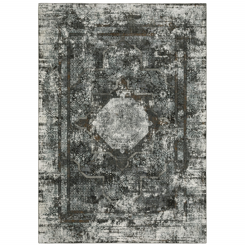 8' X 11' Charcoal Rust Grey Blue Ivory And Brown Oriental Power Loom Stain Resistant Area Rug