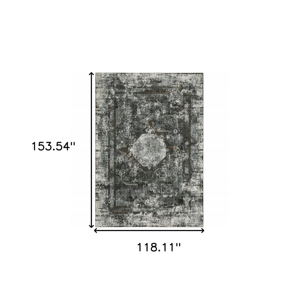 10' X 13' oriental power loom stain-resistant area rug in charcoal, rust, grey, blue, ivory and brown