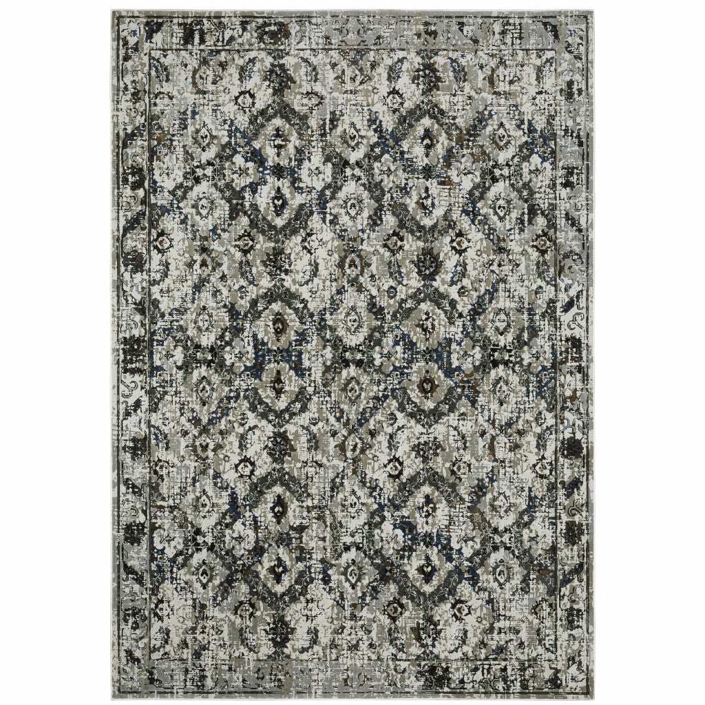 4' X 6' Ivory Charcoal Grey Blue Rust Gold And Brown Oriental Power Loom Stain Resistant Area Rug