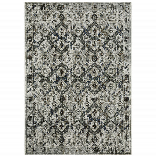 5' X 8' Ivory Charcoal Grey Blue Rust Gold And Brown Oriental Power Loom Stain Resistant Area Rug